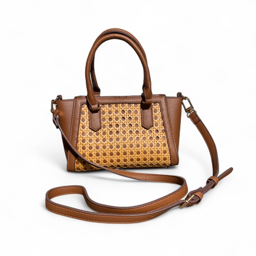 Anne Klein Woven Caning Brown Tan Top Handle Crossbody Bag